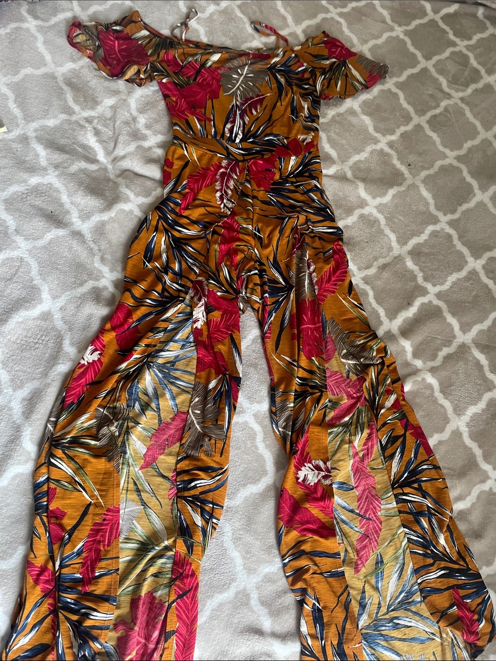 Women’s Off-Shoulder Wide-Leg Floral Jumpsuit in Mustard with Pink Accents